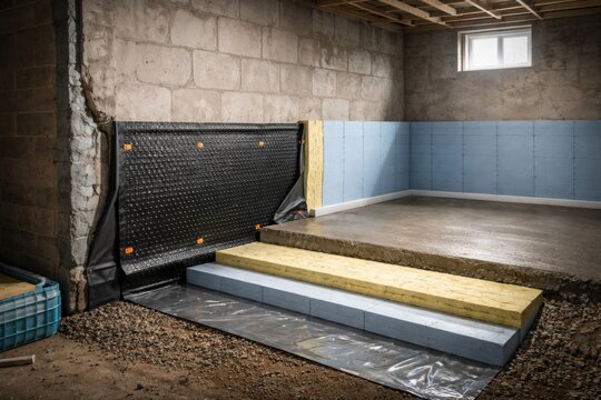 Detailed basement damp proofing layers including waterproofing and insulation in home improvement project