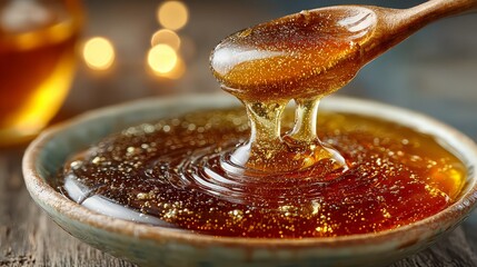 Fototapeta premium Golden honey drips from a rustic wooden spoon into a ceramic bowl creating a warm and delicious visual experience with soft bokeh lighting in a cozy kitchen setting