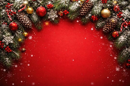 Christmas backdrop with fir branches cones ornaments and snowflakes on a red background with copy space