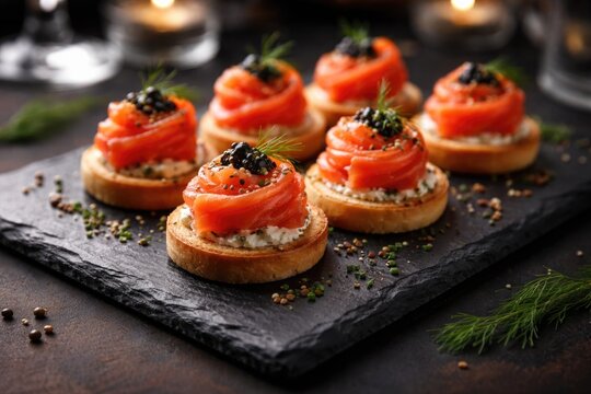Elegant catering featuring red fish canapes arranged on a stylish slate platter