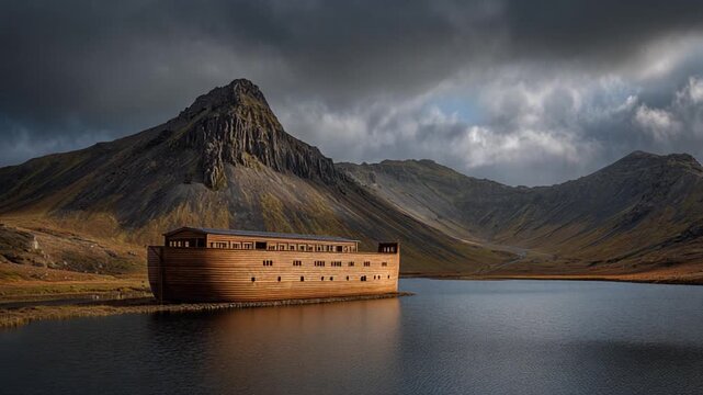 Ancient wooden ark-like vessel on a still lake, dramatic mountains, and cloudy sky &ndash; epic landscape.