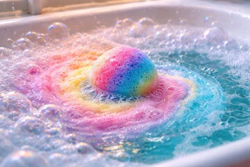 Fototapeta premium Detailed view of a colorful bath bomb releasing bubbles in a tub