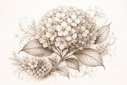 Floral hydrangea design featuring intricate line art sketch