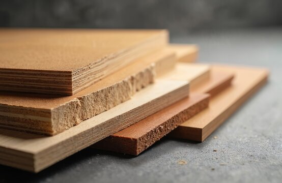 Collection of engineered wood samples like plywood chipboard mdf and osb. Different types of wood materials stacked for comparison. Materials for construction and interior design.