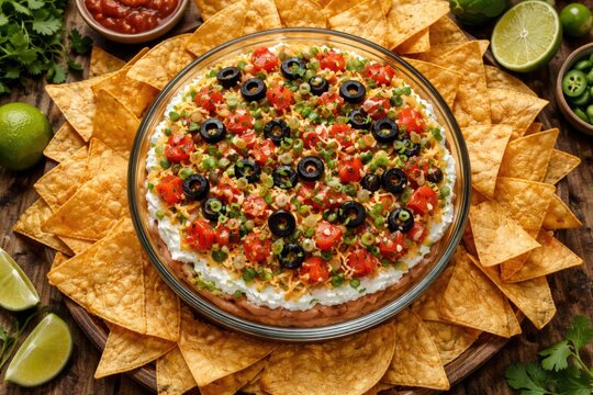 Seven layer dip homemade style with golden tortilla chips from above