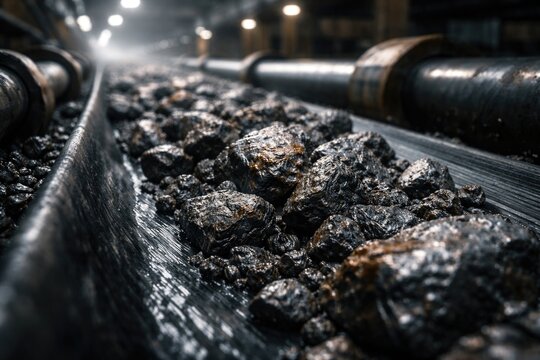Macro shot of manganese ore flowing on a mechanized conveyor line