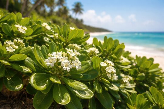 Exotic beach naupaka greenery with small white flowers thriving in bright natural sunlight