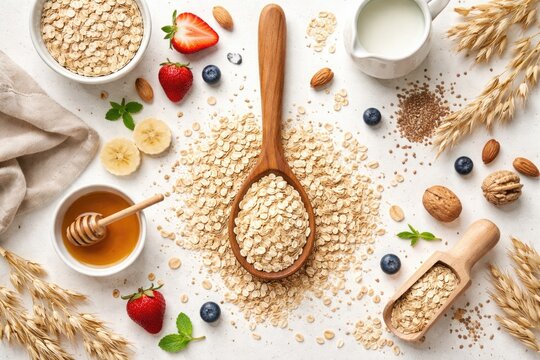 Flat lay of wooden spoon with oatmeal creatively styled on white background