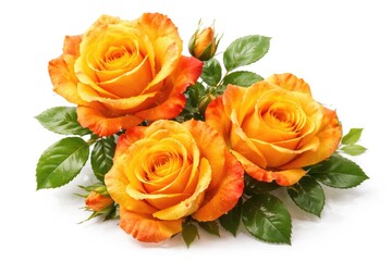 Fototapeta premium Three vibrant roses in yellow orange tones on a clean white background