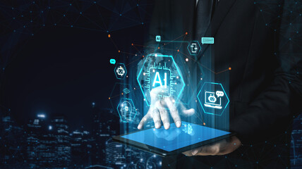 Obraz premium Global AI Assistant network and digital AI connectivity nodes on world globe cyberspace background, futuristic AI technology connected ecosystem. Neural network AI machine learning system. Corpus