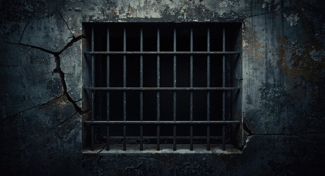 Weathered jail cell window featuring heavy metal bars and cracked stone frame