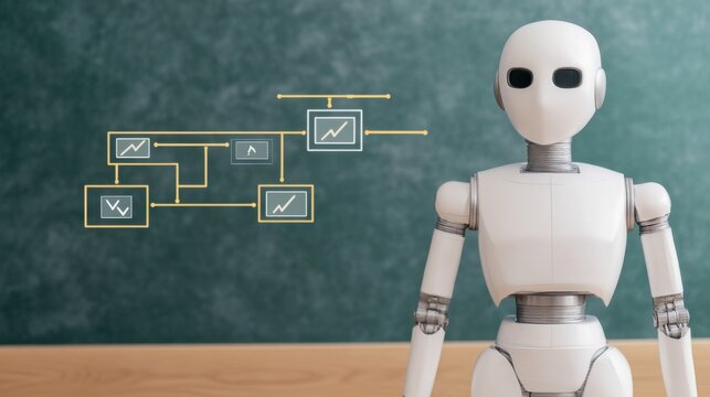 White robot facing a data algorithm flowchart on a chalkboard, illustrating AI processing, machine learning and intelligent data analysis. ,AI ,Algorithm