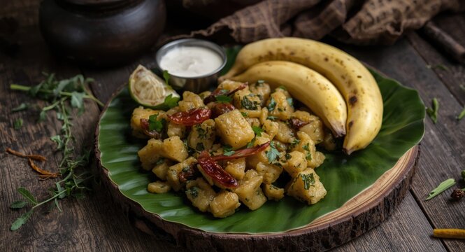 Traditional cassava getuk dish presented on wooden platter with fresh herbs and bananas in rustic ambiance