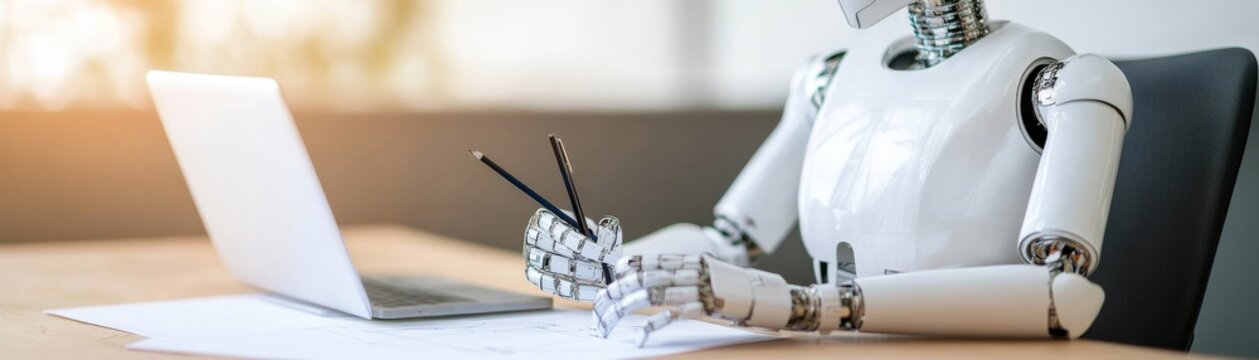 White robot's hand holding pencils, sketching designs by a laptop. Illustrates AI's creative potential, future design automation and engineering innovation. Robotics, Creativity