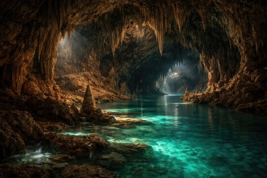 Tranquil underground cave featuring glowing turquoise water and dramatic rock formations
