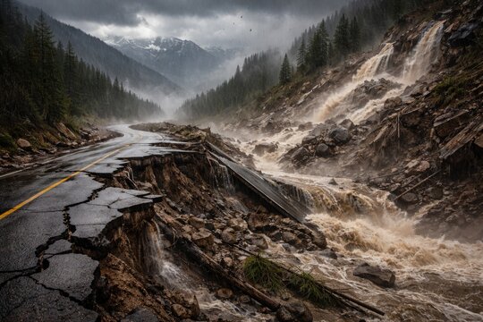 Mountain landscape ravaged by hurricane driven landslide cracking roads and washing away asphalt