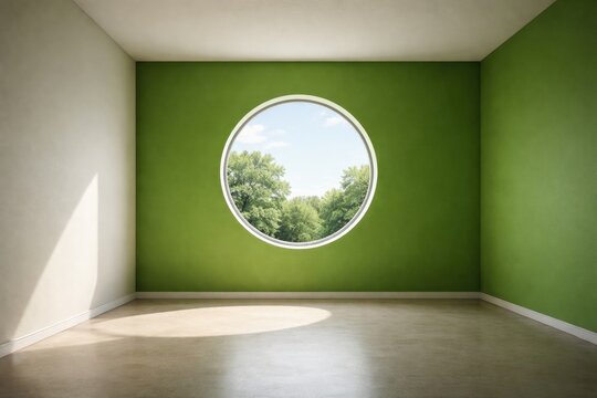 Minimalist empty room featuring a distinctive round window and vibrant green wall
