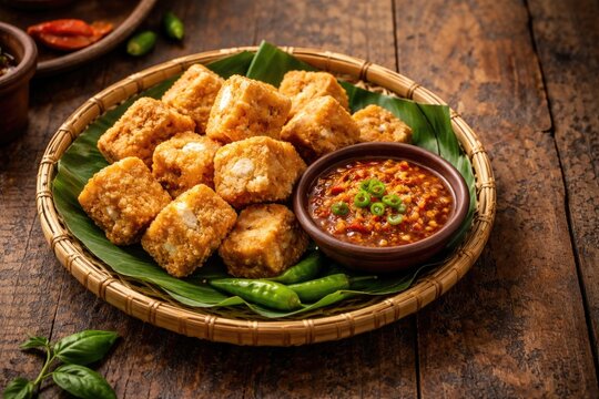 Authentic tahu sumedang plate featuring vibrant sauce on rustic tabletop with copy space