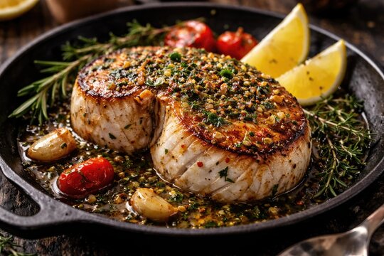Delicious Atlantic wolffish steak flavored with aromatic herbs