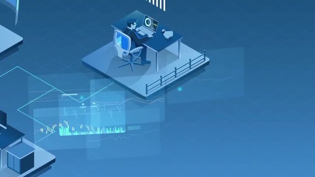 Isometric Data Analysis and Futuristic Digital Workspace Concept