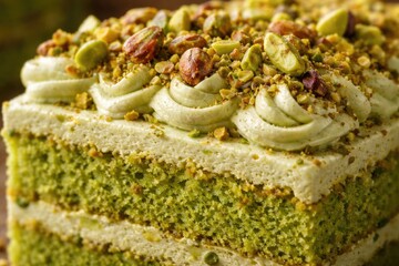 Macro view of a green cake with pistachio topping emphasizing intricate dessert texture
