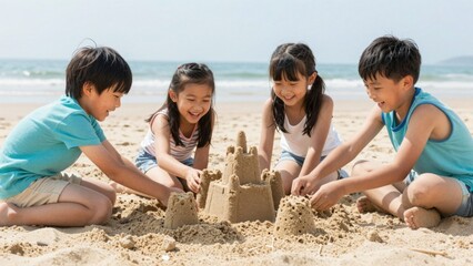 Fototapeta premium Children building sandcastle on sunny beach shoreline