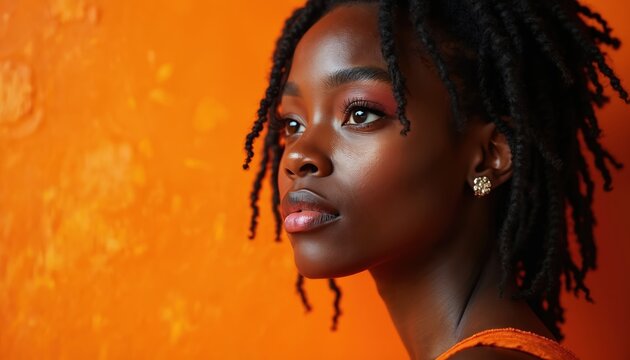 Young black woman with dreadlocks and makeup poses against bright orange backdrop. Her expression is thoughtful and serene. She wears a shiny earring and orange clothing.