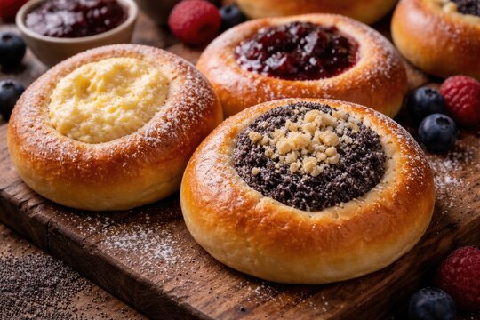 Authentic kolache dessert stuffed with creamy cheese and poppy seed mixture alongside berry jam