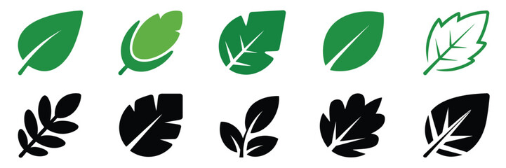 Obraz premium Eco Leaf Icon Set, Green Plant Symbols Collection for Nature and Organic Themes, Botanical Leaves Icons Pack, Environment Friendly Design Elements, Clean Vector Illustration