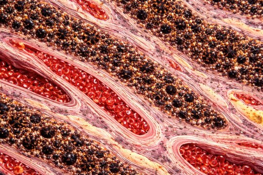 Histological image showing rich melanin granule pigment cells and blood vessels in choroid stroma tissue