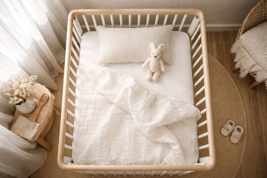 Top view of minimalist baby crib with white linens in a peaceful nursery