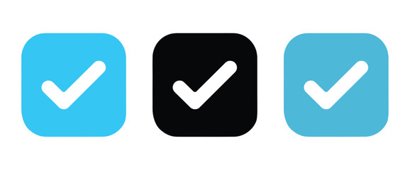 Approved check mark icon, flat vector illustration of white checkmark inside blue square box, valid OK sticker label isolated on white background for verification, confirmation, UI interface, and qual © Khoteza
