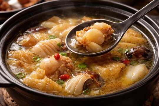 Delicious conch meat soup simmered with tender fish maw