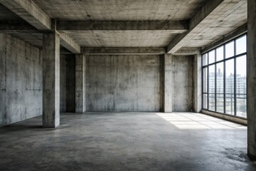 Fototapeta premium Industrial style unfinished apartment room with exposed concrete and support beams including copy space