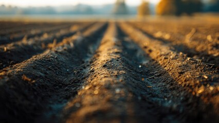 Obraz premium Rows of Tilled Soil in Golden Light