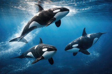 Obraz premium Three graceful orca whales engaging in mesmerizing aquatic displays