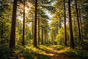 Fototapeta premium Loblolly pine trees glowing under warm midday sun