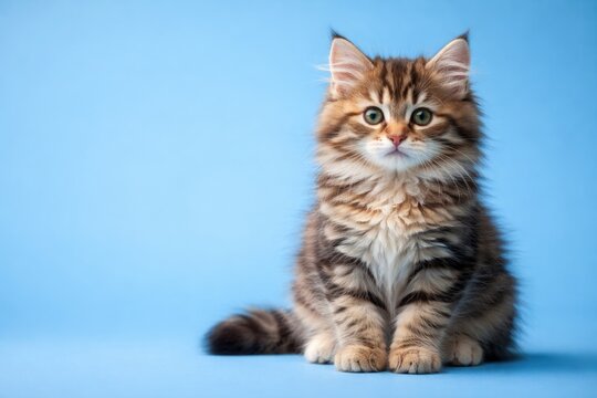 Fluffy torbie kitten sitting calmly in front of a bright blue background with copy space