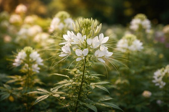 Blurred garden setting featuring white spider flower cleome spinosa