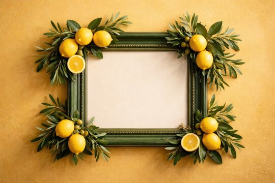 Decorative green picture frame with fresh lemons and olive leaves against a warm yellow wall