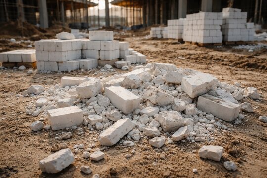 Construction site with leftover white AAC brick block fragments on ground