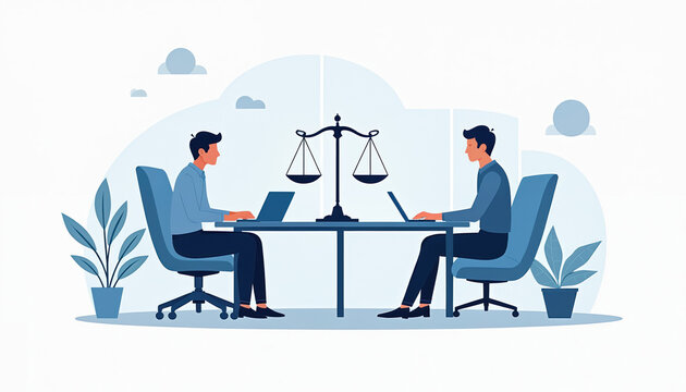 Two men work on laptops at desk. Justice scale sits between, law, balance. In modern office setting, likely collaborating on legal matters business strategies, discussing case details client needs.