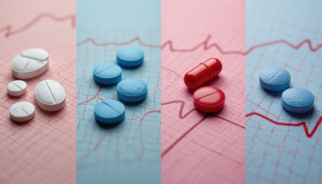 Various pills, capsules arranged on background resembling electrocardiogram. Colors include white, blue, red medication on pink, blue grids with red heart rate lines. Visual represents treatment,