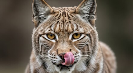 Fototapeta premium Lynx Cat Licking Lips Close Up Wild Animal