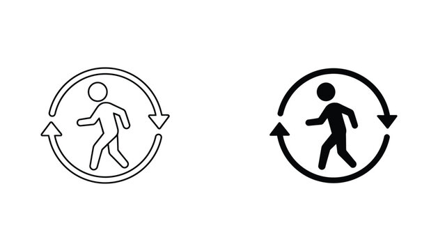 Walking person inside circular arrow icon set representing continuous movement and activity flow for fitness apps and navigation signage design