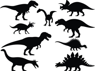 Black silhouette vector collection of various jurassic dinosaurs, prehistoric wild animals, and scary giant reptiles for kids graphic design projects. © Designer Arjun