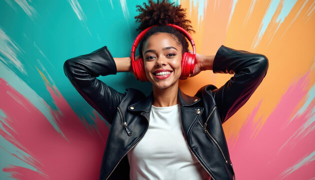 Happy african american woman in leather jacket listens to music with red headphones. She smiles broadly, hands behind her head, against a colorful abstract background. Modern audio fun.