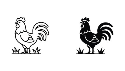 Stylized rooster standing on grass icon set with contour and bold silhouette versions for agricultural branding and farm design assets © Echo