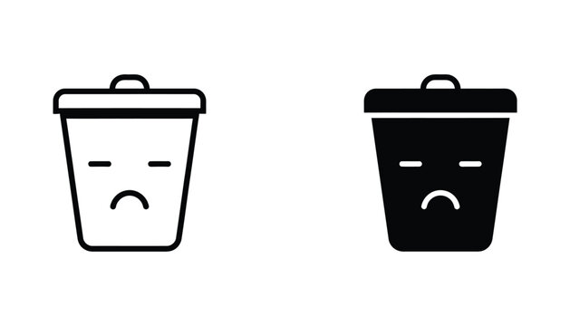 Sad trash can icon set with unhappy face for waste management and user interface error message notification design assets