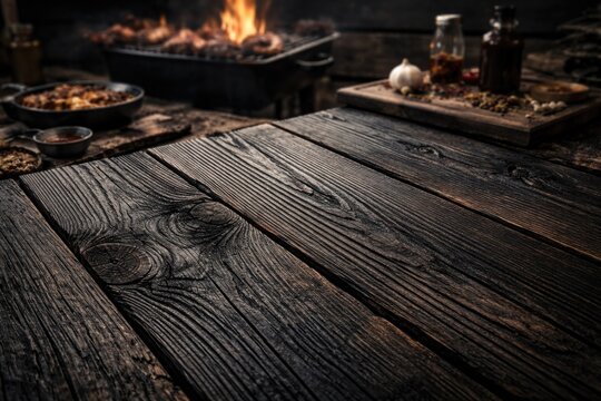 Detailed view of black wood grain texture on smoked planks with rustic BBQ background